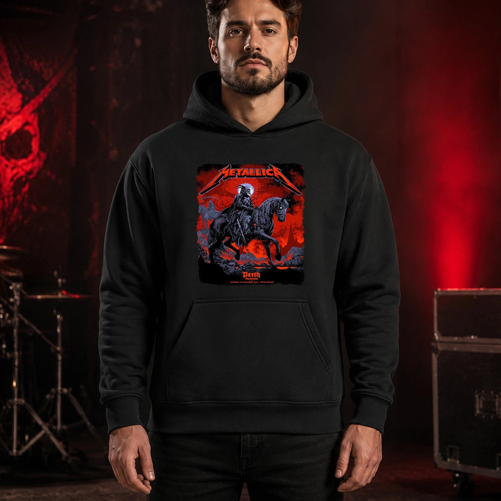 Metallica M72 World Tour November 1 2025 Optus Stadium Perth Australia T-shirt by Ken Taylor featuring a skeletal rider on a black horse, ghostly scythe rider, red smoke, skulls, rocks and Perth event text.